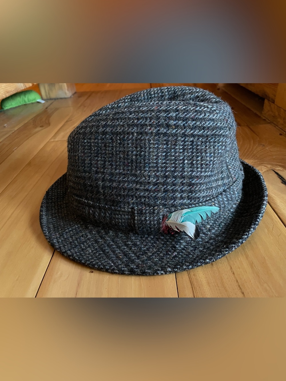 Gray Tweed Men's Fedora Hat with Feather Accent
